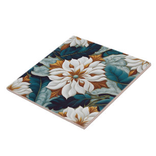 Elegant White Flowers With Teal Leaves in Bloom Tile