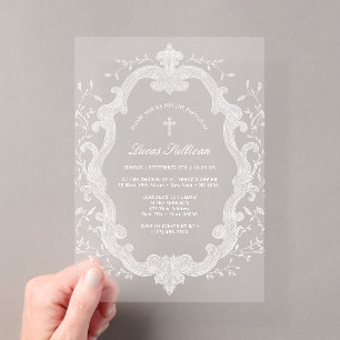 Elegant White Foliage Crest Baptism Acrylic Invitations