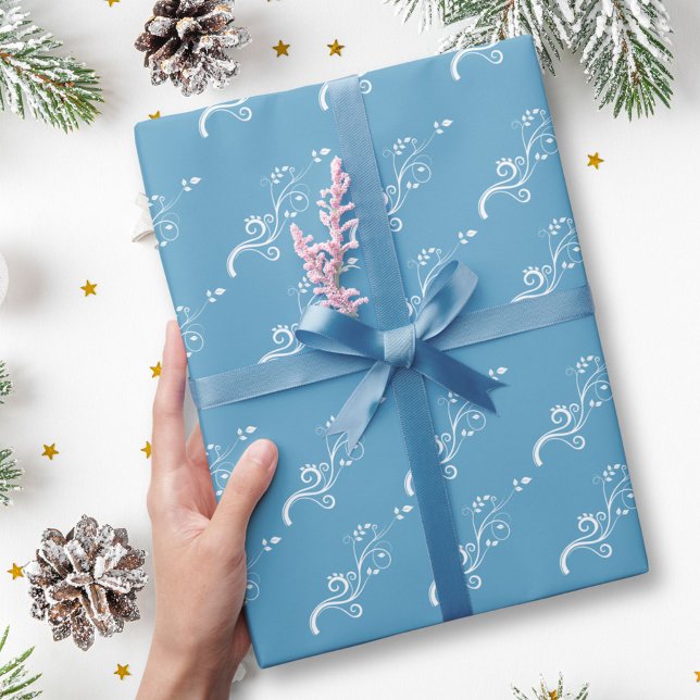 Elegant White Foliage Pattern on Blue Wrapping Paper (Creator Uploaded)