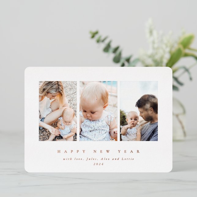 Elegant White Frame 3 Photo Happy New Year Foil Holiday Card (Standing Front)
