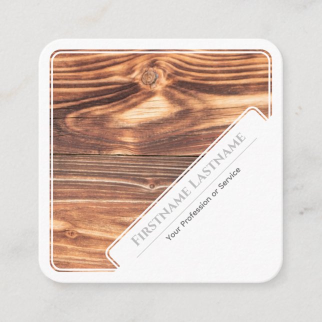 Elegant white framed wooden style wood grain square business card (Front)