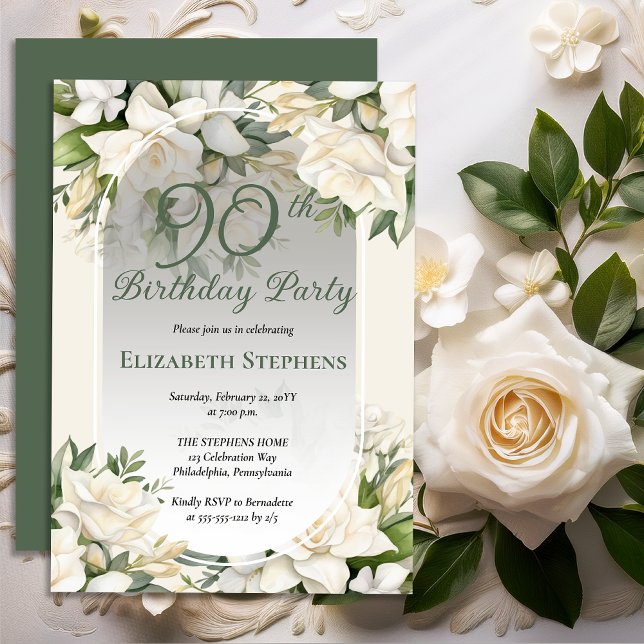 Elegant White Gardenia Floral 90th Birthday Party Invitation (Elegant White Gardenia Floral 90th Birthday Party Invitations -- Print | Digital Download)
