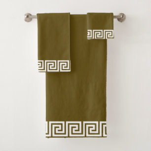 Elegant White Geometric Pattern Frame on Brown Bath Towel Set