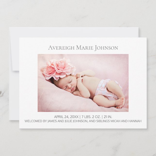 Elegant White Girl or Boy Photo Birth Announcement (Front)