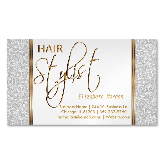 Elegant White Glitter and Gold - Hair Stylist Magnetic Business Card (Front)