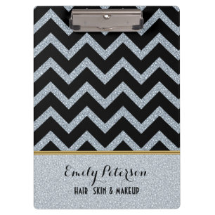 Elegant White Glitter Black Chevron Gold Accents C Clipboard