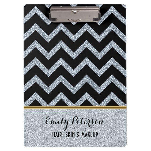 Elegant White Glitter Black Chevron Gold Accents C Clipboard (Front)