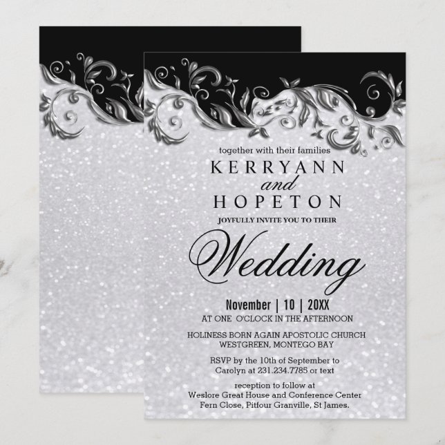 Elegant White Glitter, Black & Silver Wedding  Inv Invitation (Front/Back)