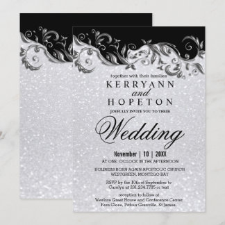 Elegant White Glitter, Black & Silver Wedding  Inv Invitation
