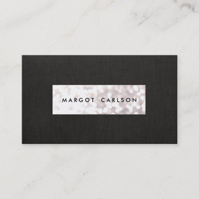 Elegant White Glitter Bokeh Black Linen Look Chic Business Card (Front)