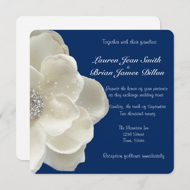 Elegant White, Glitter Flower, Wedding Invitation (Front/Back)