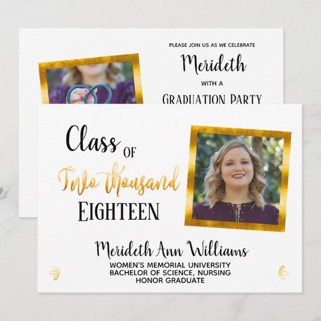 Elegant White Gold 2 Photo Trendy Graduation Party Invitation (Front/Back)