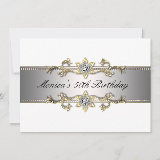 Elegant White Gold 50th Birthday Invitation Fifty (Front)