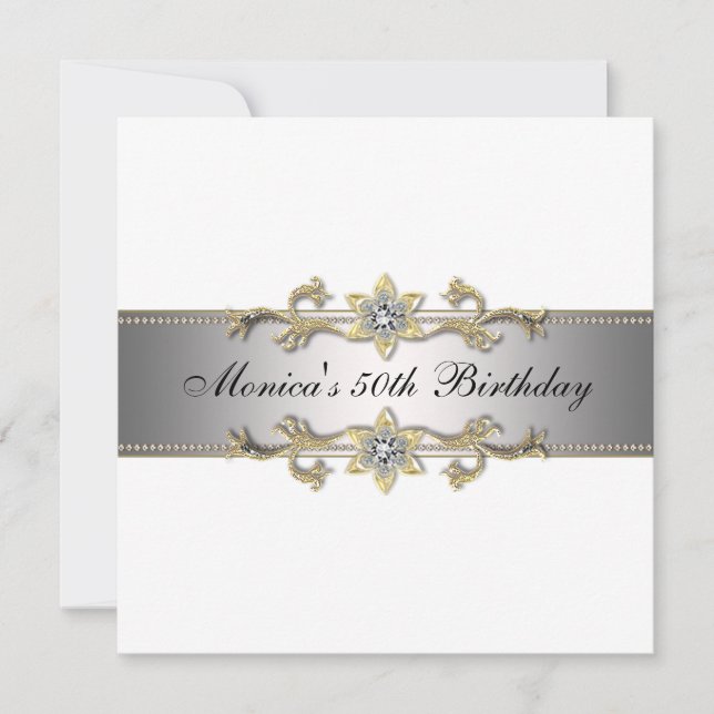 Elegant White Gold 50th Birthday Invitation Fifty (Front)