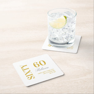 Elegant White & Gold 60th Birthday Cocktail Party  Square Paper Coaster