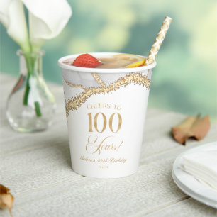 Elegant White Gold Agate 100th Birthday Party Paper Cups