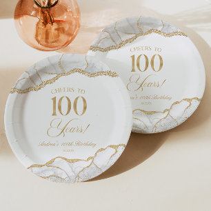 Elegant White Gold Agate 100th Birthday Party Paper Plate