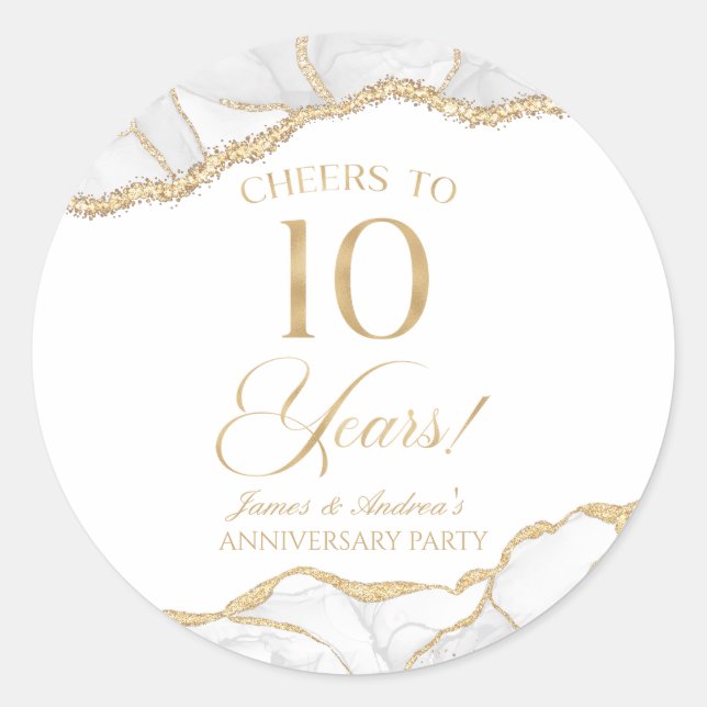 Elegant White Gold Agate 10th Anniversary Party Classic Round Sticker (Front)