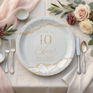 Elegant White Gold Agate 10th Anniversary Party Paper Plate