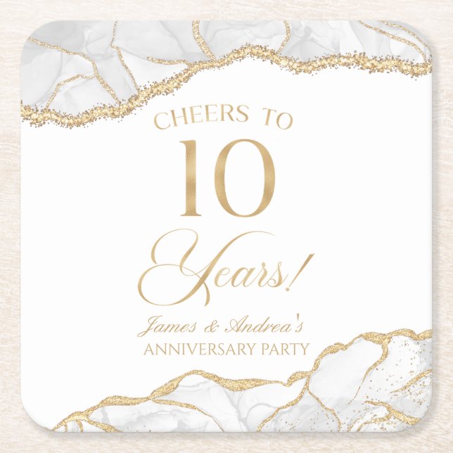 Elegant White Gold Agate 10th Anniversary Party Square Paper Coaster (Front)