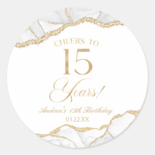 Elegant White Gold Agate 15th Birthday Party Classic Round Sticker
