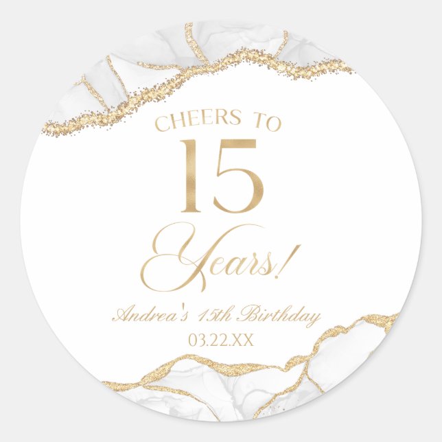 Elegant White Gold Agate 15th Birthday Party Classic Round Sticker (Front)