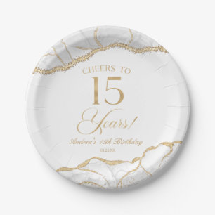 Elegant White Gold Agate 15th Birthday Party Paper Plate