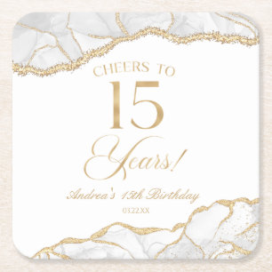 Elegant White Gold Agate 15th Birthday Party Square Paper Coaster