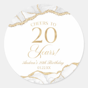 Elegant White Gold Agate 20th Birthday Party Classic Round Sticker