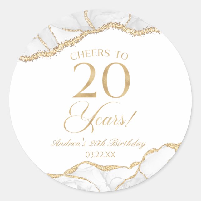 Elegant White Gold Agate 20th Birthday Party Classic Round Sticker (Front)
