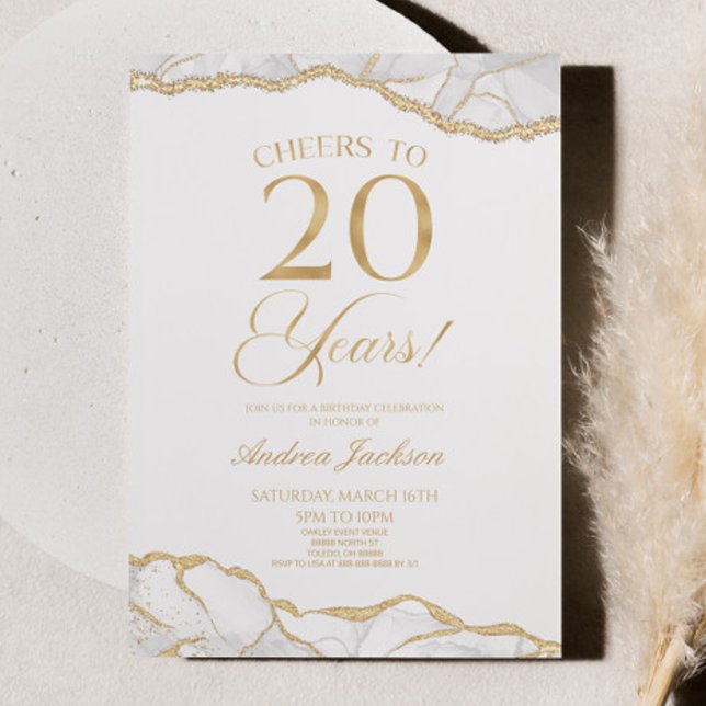 Elegant White Gold Agate 20th Birthday Party Invitation (Creator Uploaded)