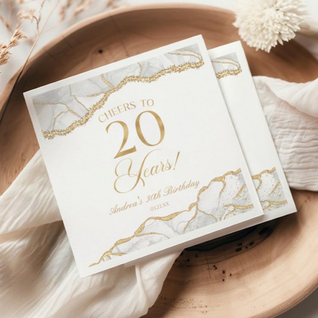 Elegant White Gold Agate 20th Birthday Party Napkin (Creator Uploaded)