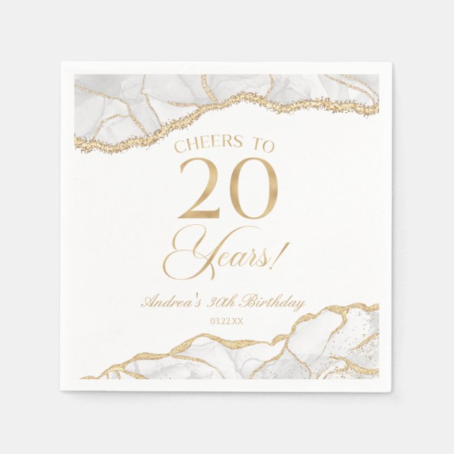 Elegant White Gold Agate 20th Birthday Party Napkin (Front)