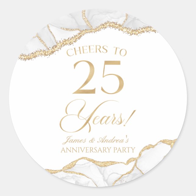 Elegant White Gold Agate 25th Anniversary Party Classic Round Sticker (Front)