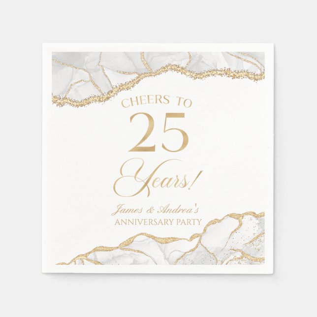 Elegant White Gold Agate 25th Anniversary Party Napkin (Front)