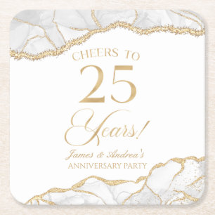 Elegant White Gold Agate 25th Anniversary Party Square Paper Coaster