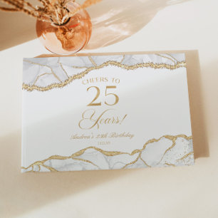 Elegant White Gold Agate 25th Birthday Party Guest Book