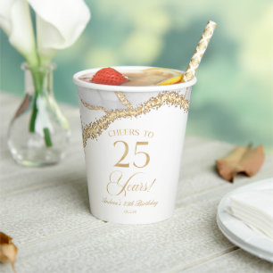 Elegant White Gold Agate 25th Birthday Party Paper Cups