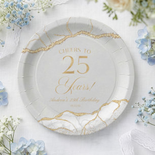 Elegant White Gold Agate 25th Birthday Party Paper Plate