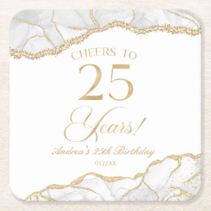 Elegant White Gold Agate 25th Birthday Party Square Paper Coaster