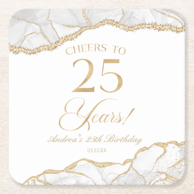 Elegant White Gold Agate 25th Birthday Party Square Paper Coaster (Front)