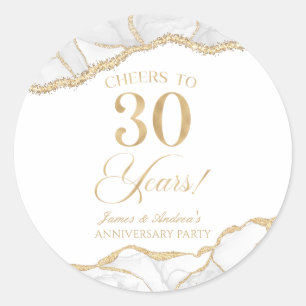 Elegant White Gold Agate 30th Anniversary Party Classic Round Sticker