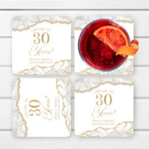 Elegant White Gold Agate 30th Anniversary Party Square Paper Coaster
