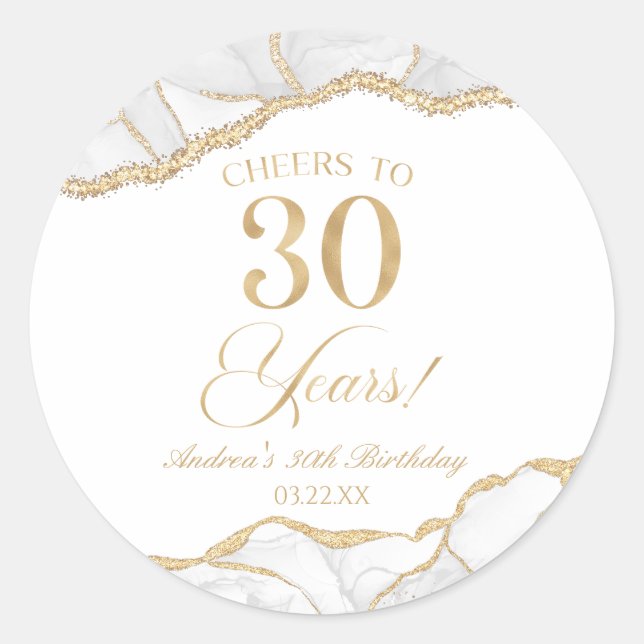 Elegant White Gold Agate 30th Birthday Party Classic Round Sticker (Front)