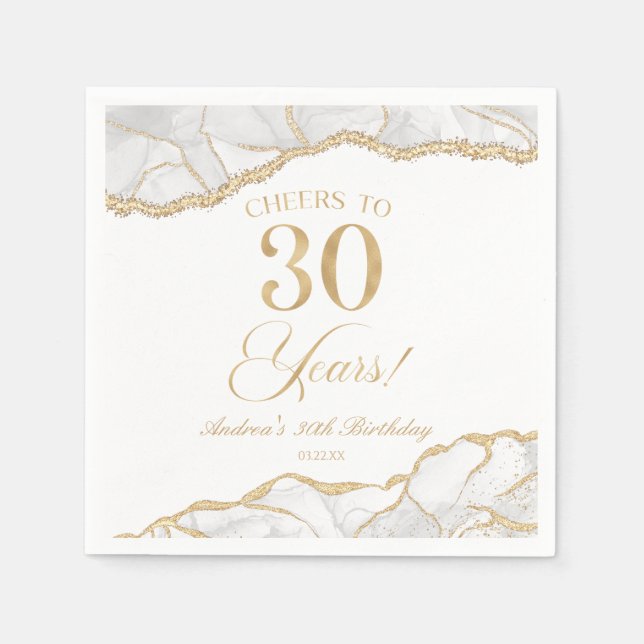 Elegant White Gold Agate 30th Birthday Party Napkin (Front)