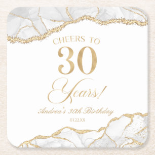 Elegant White Gold Agate 30th Birthday Party Square Paper Coaster