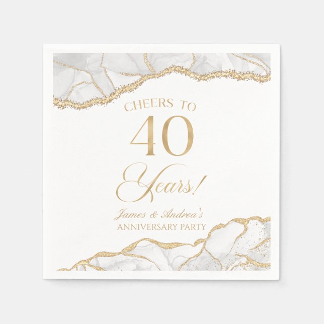 Elegant White Gold Agate 40th Anniversary Party Napkin (Front)