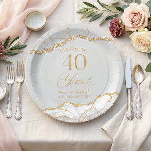 Elegant White Gold Agate 40th Anniversary Party Paper Plate