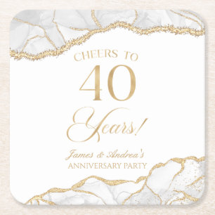 Elegant White Gold Agate 40th Anniversary Party Square Paper Coaster