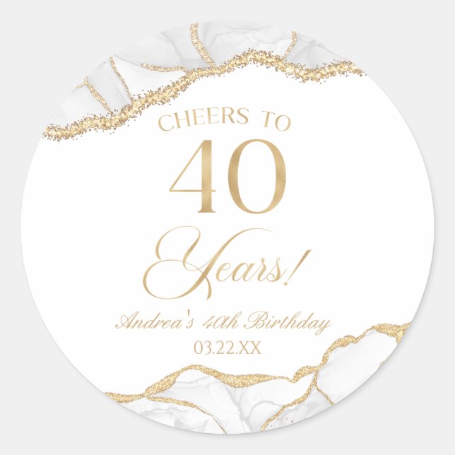 Elegant White Gold Agate 40th Birthday Party Classic Round Sticker (Front)